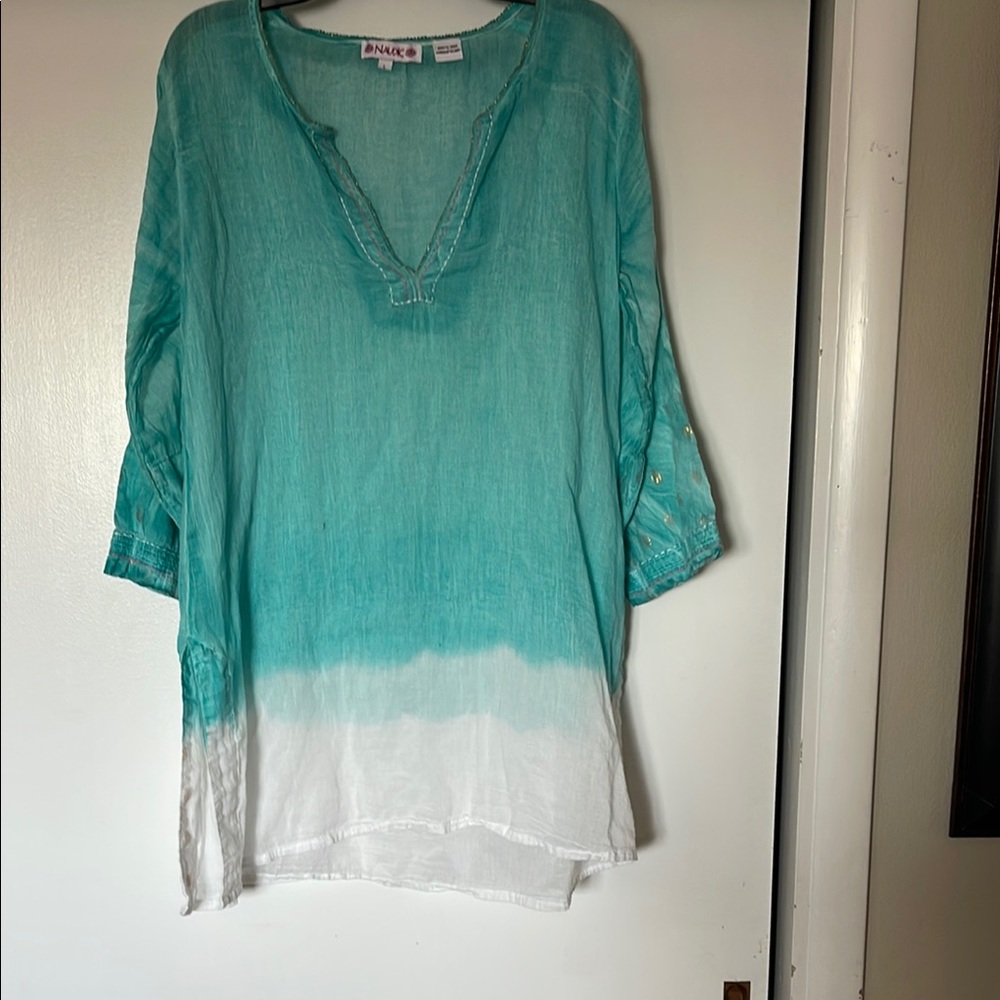 NAUDIC. Green and Blue Relaxed Polo Tunic with Cuffed Sleeves